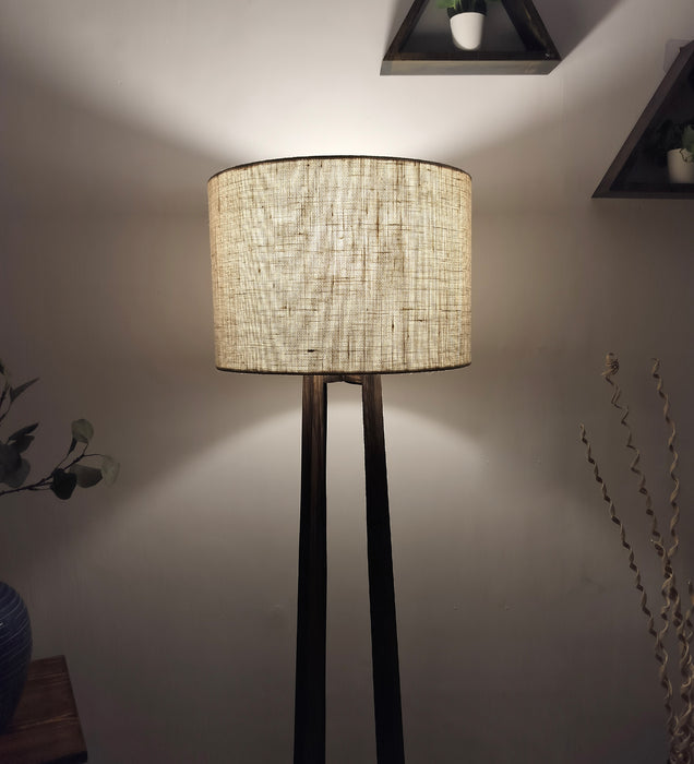 Camille Wooden Floor Lamp with Brown Base and Jute Fabric Lampshade