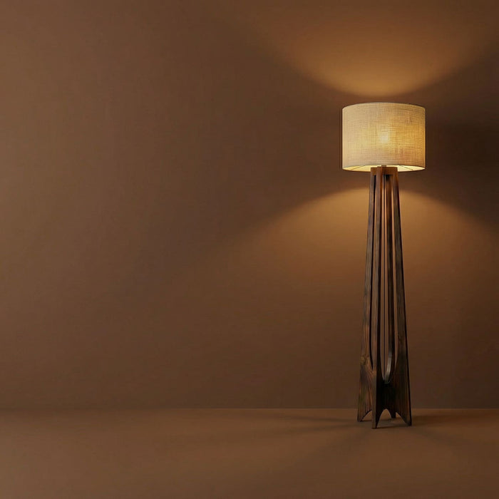 Camille Wooden Floor Lamp with Brown Base and Jute Fabric Lampshade