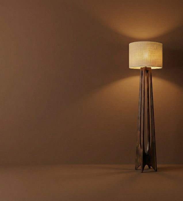 Camille Wooden Floor Lamp with Brown Base and Jute Fabric Lampshade