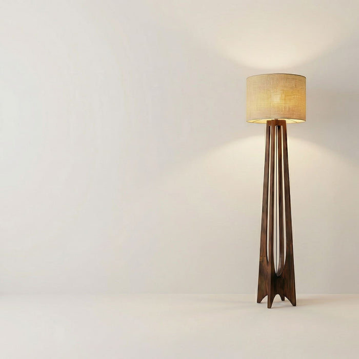 Camille Wooden Floor Lamp with Brown Base and Jute Fabric Lampshade