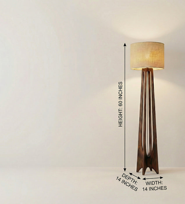 Camille Wooden Floor Lamp with Brown Base and Jute Fabric Lampshade