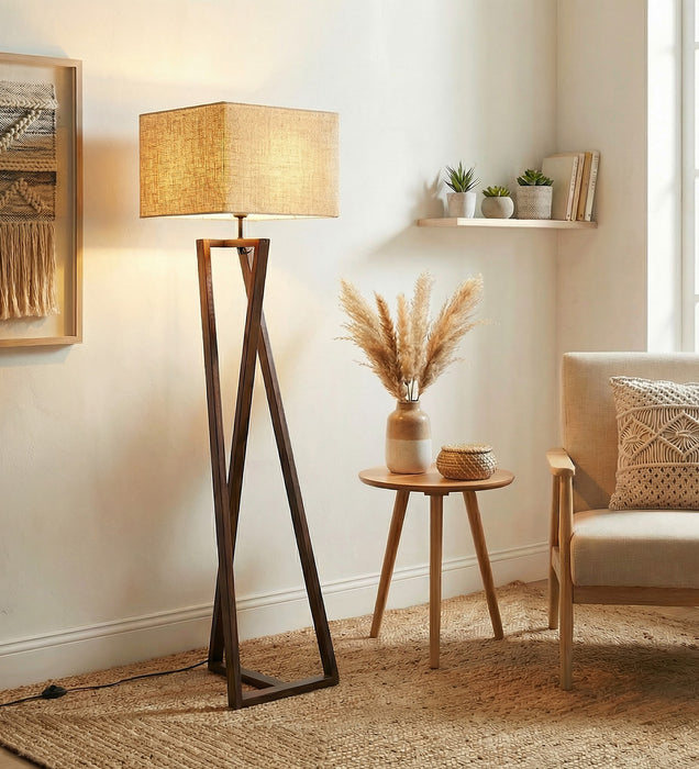 Catapult Wooden Floor Lamp with Brown Base and Premium Beige Fabric Lampshade