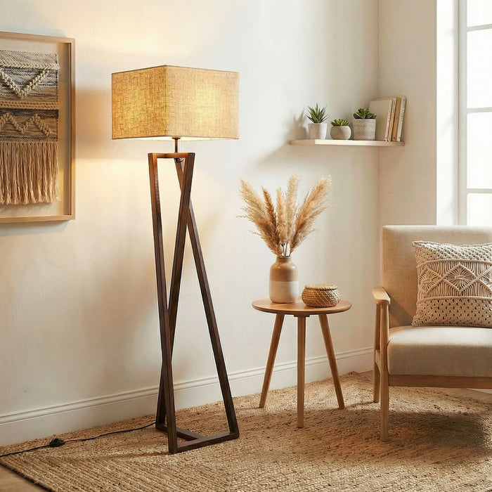 Catapult Wooden Floor Lamp with Brown Base and Premium Beige Fabric Lampshade