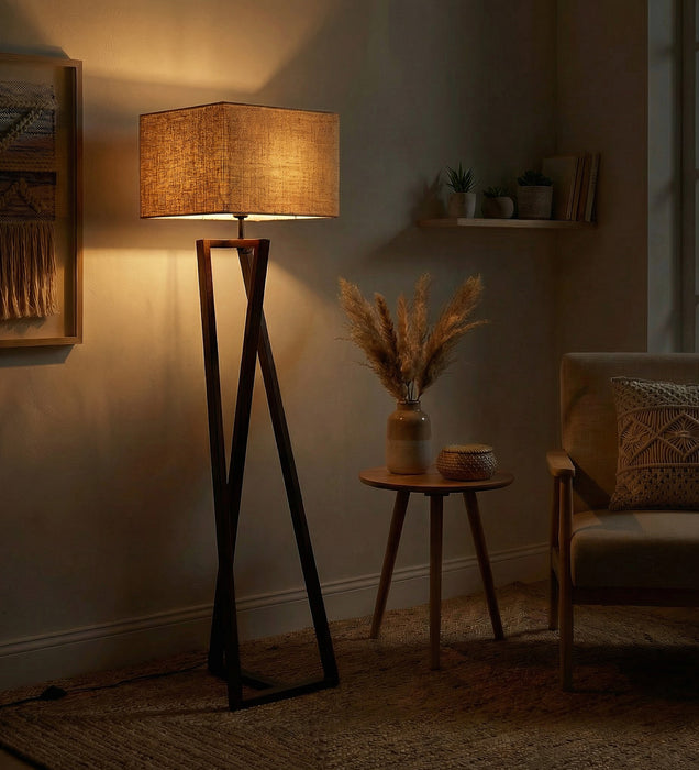 Catapult Wooden Floor Lamp with Brown Base and Premium Beige Fabric Lampshade