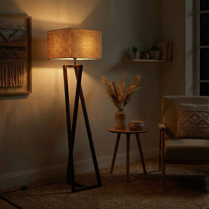 Catapult Wooden Floor Lamp with Brown Base and Premium Beige Fabric Lampshade