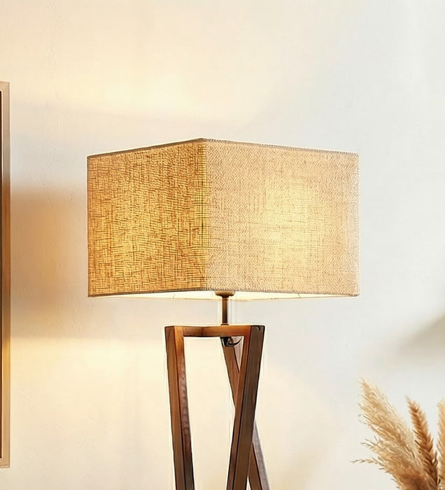 Catapult Wooden Floor Lamp with Brown Base and Premium Beige Fabric Lampshade