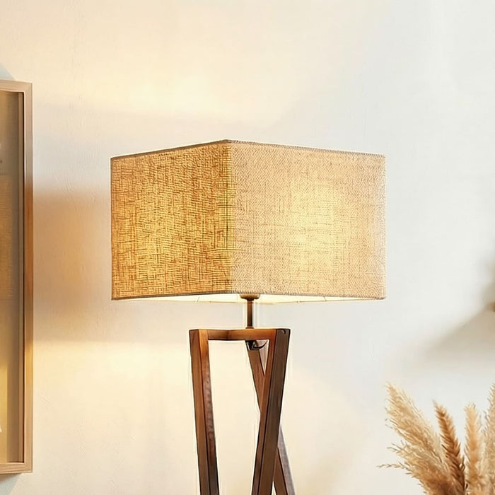 Catapult Wooden Floor Lamp with Brown Base and Premium Beige Fabric Lampshade