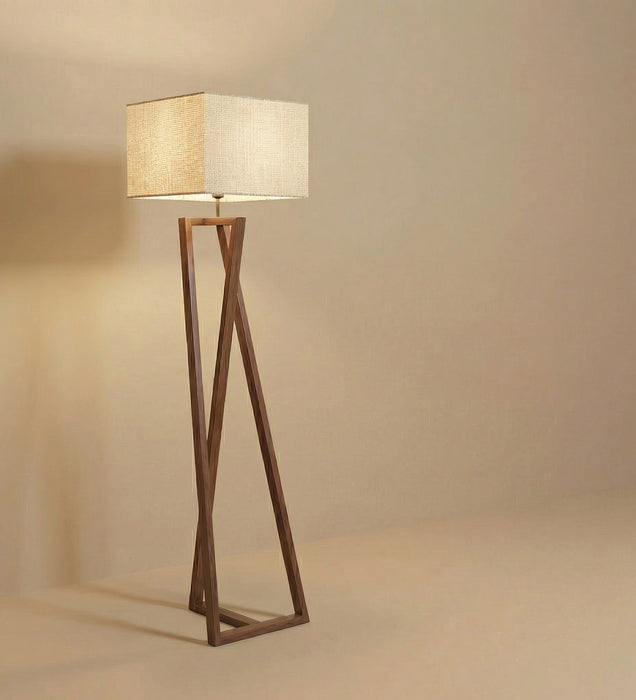 Catapult Wooden Floor Lamp with Brown Base and Premium Beige Fabric Lampshade