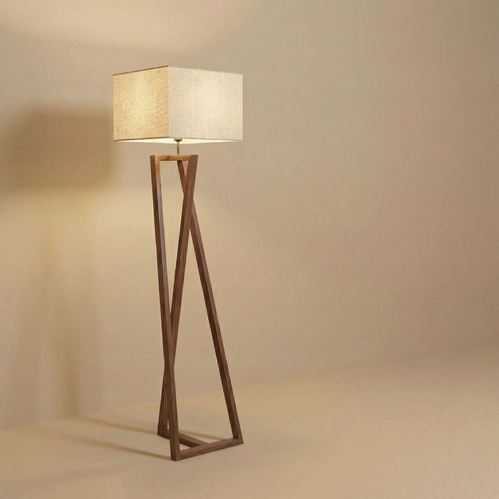 Catapult Wooden Floor Lamp with Brown Base and Premium Beige Fabric Lampshade