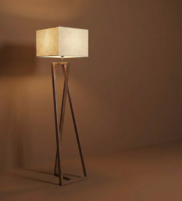 Catapult Wooden Floor Lamp with Brown Base and Premium Beige Fabric Lampshade