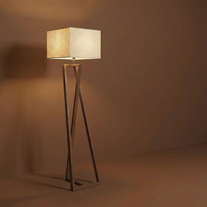 Catapult Wooden Floor Lamp with Brown Base and Premium Beige Fabric Lampshade