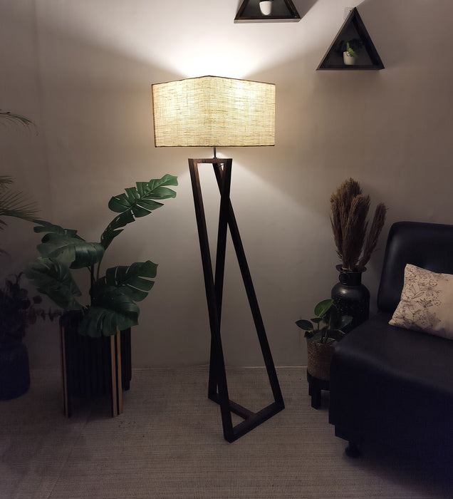 Catapult Wooden Floor Lamp with Brown Base and Premium Beige Fabric Lampshade
