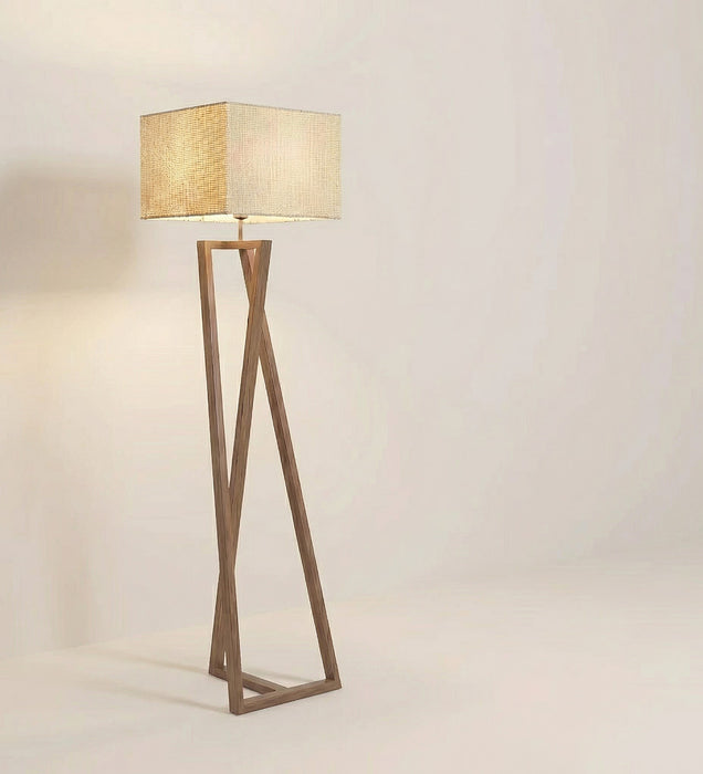 Catapult Wooden Floor Lamp with Brown Base and Premium Beige Fabric Lampshade