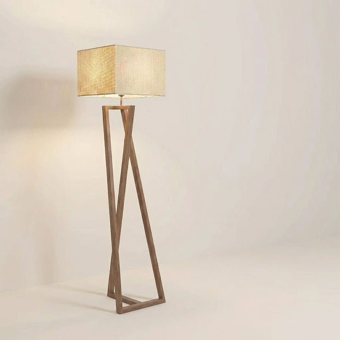 Catapult Wooden Floor Lamp with Brown Base and Premium Beige Fabric Lampshade