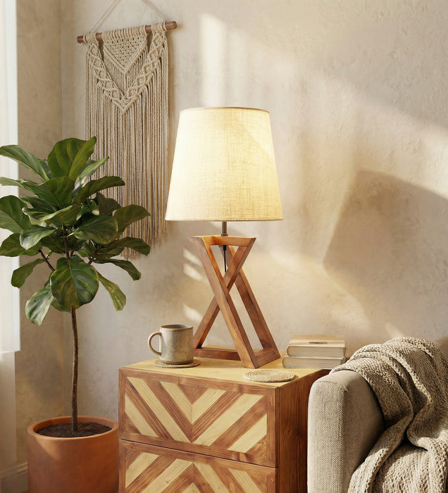 Catapult Brown Wooden Table Lamp with Black Fabric Lampshade