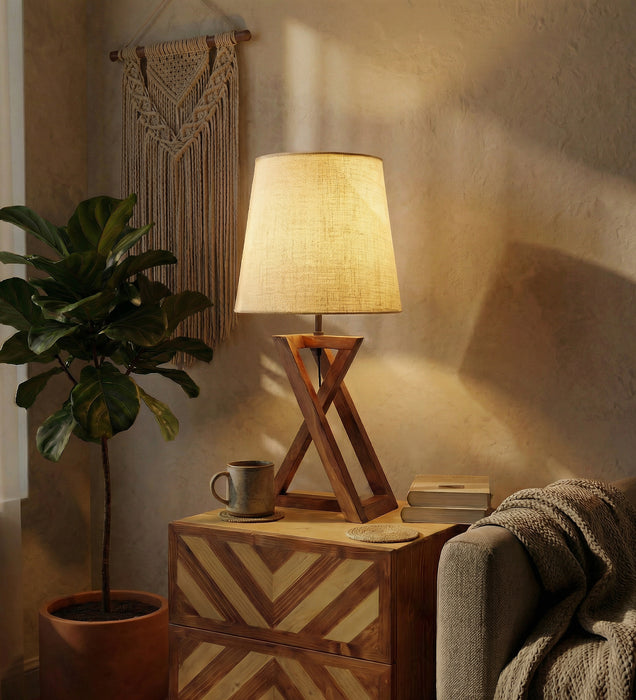 Catapult Brown Wooden Table Lamp with Black Fabric Lampshade