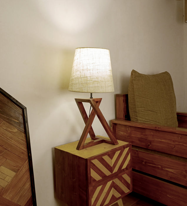 Catapult Brown Wooden Table Lamp with Black Fabric Lampshade