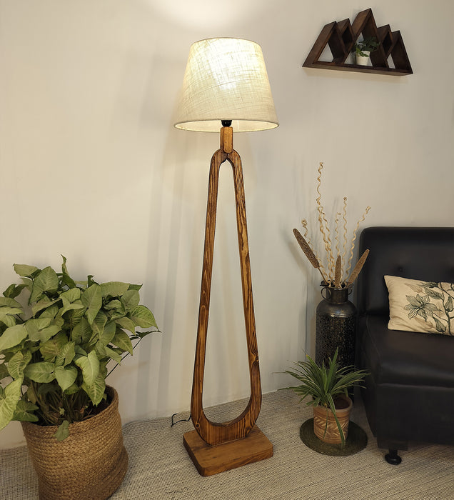 Cavern Wooden Floor Lamp with Brown Base and Jute Fabric Lampshade