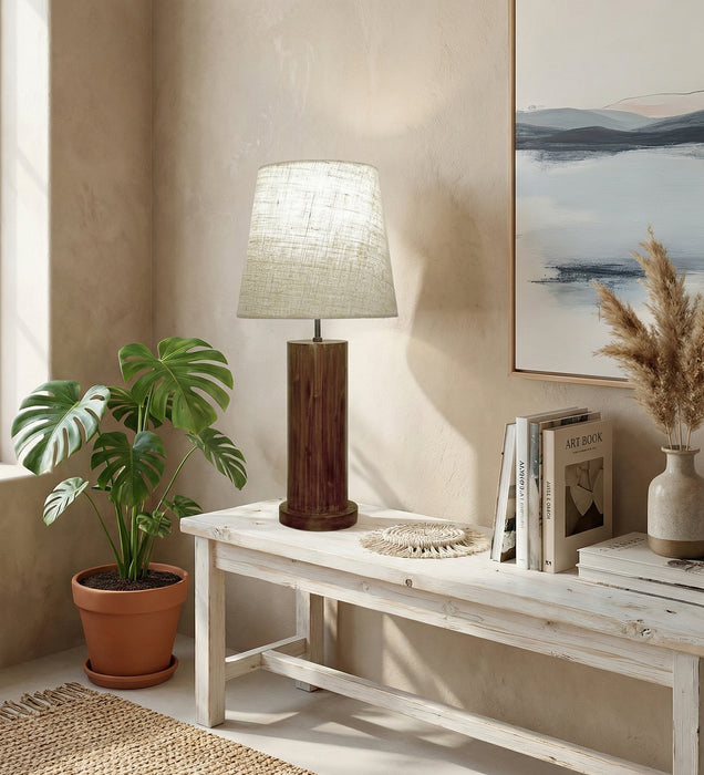 Cedar Brown Wooden Table Lamp with White Fabric Lampshade