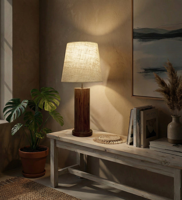 Cedar Brown Wooden Table Lamp with White Fabric Lampshade