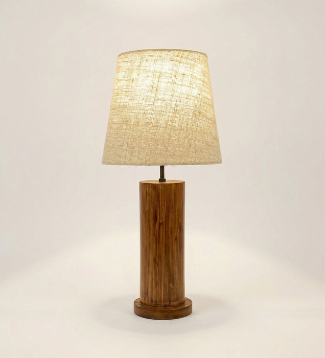 Cedar Brown Wooden Table Lamp with White Fabric Lampshade