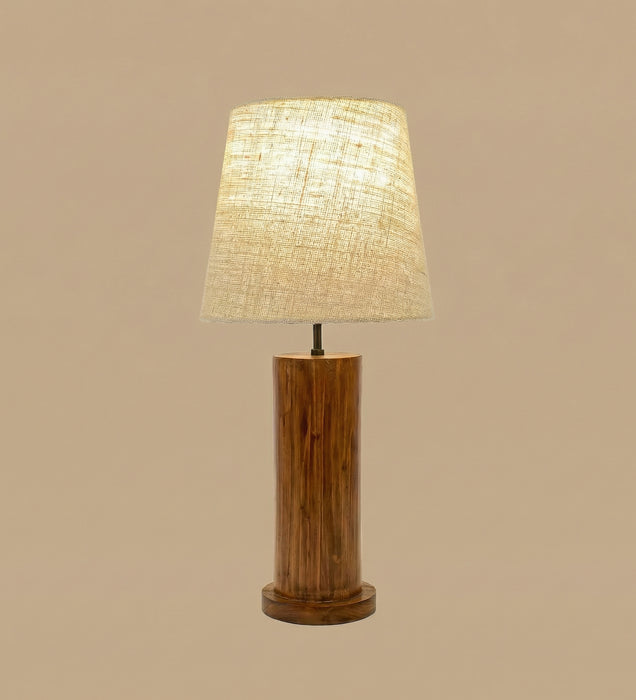Cedar Brown Wooden Table Lamp with White Fabric Lampshade