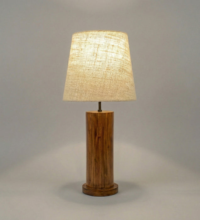 Cedar Brown Wooden Table Lamp with White Fabric Lampshade
