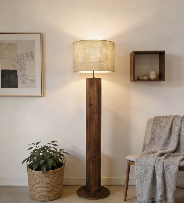 Cedar Wooden Floor Lamp With Brown Base and Beige Fabric Lampshade