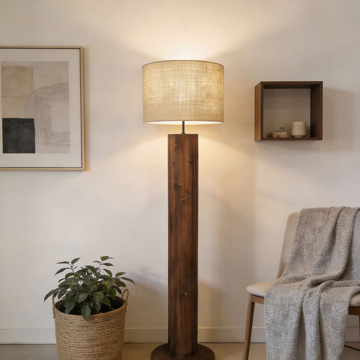 Cedar Wooden Floor Lamp With Brown Base and Beige Fabric Lampshade