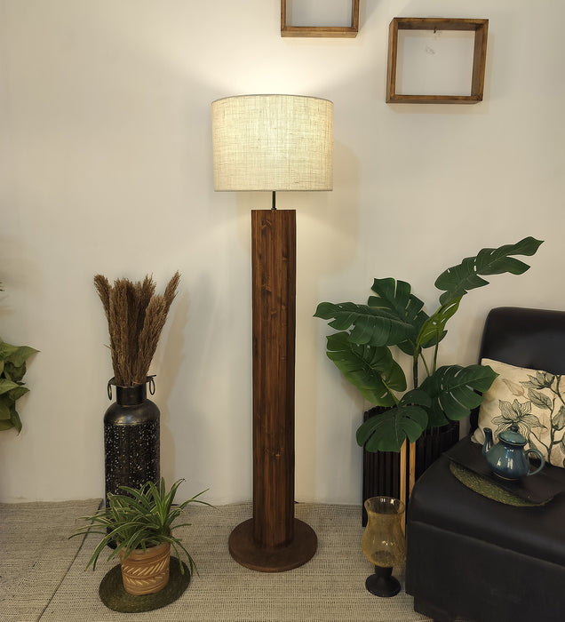 Cedar Wooden Floor Lamp With Brown Base and Beige Fabric Lampshade