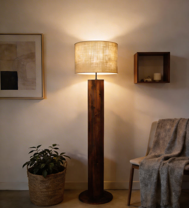 Cedar Wooden Floor Lamp With Brown Base and Beige Fabric Lampshade