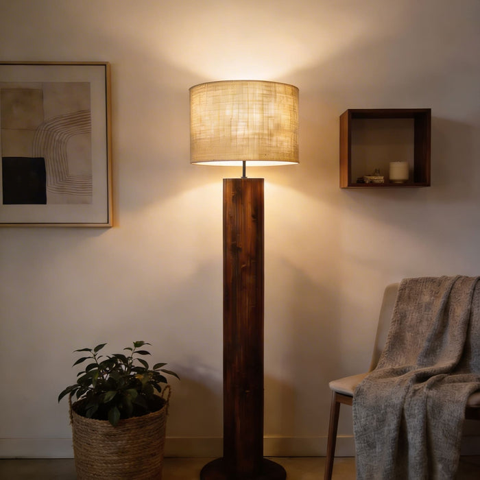 Cedar Wooden Floor Lamp With Brown Base and Beige Fabric Lampshade