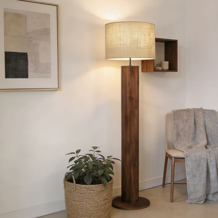 Cedar Wooden Floor Lamp With Brown Base and Beige Fabric Lampshade