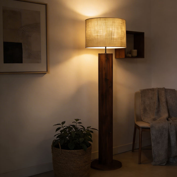 Cedar Wooden Floor Lamp With Brown Base and Beige Fabric Lampshade