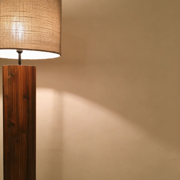 Cedar Wooden Floor Lamp With Brown Base and Beige Fabric Lampshade