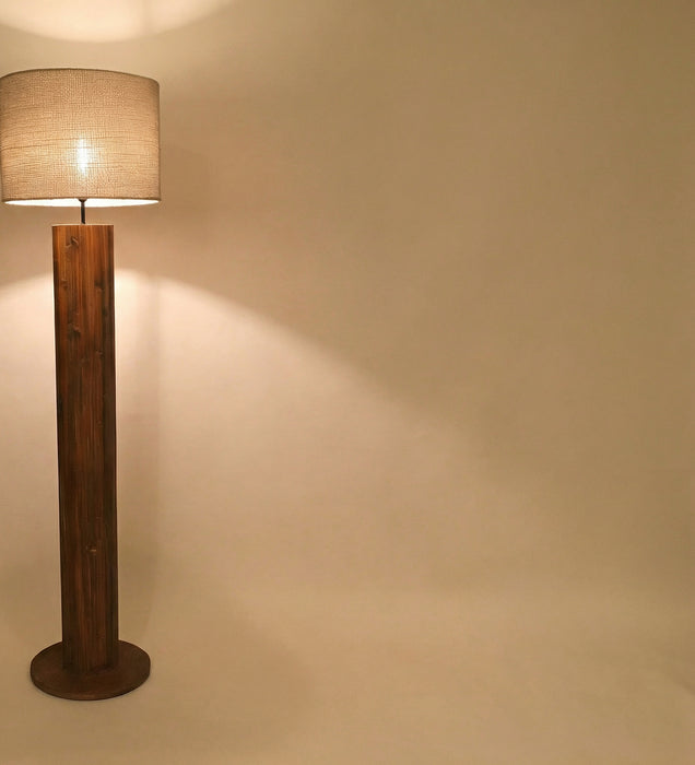 Cedar Wooden Floor Lamp With Brown Base and Beige Fabric Lampshade