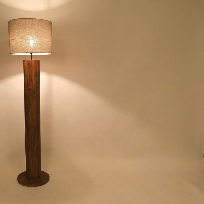 Cedar Wooden Floor Lamp With Brown Base and Beige Fabric Lampshade