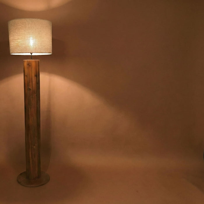 Cedar Wooden Floor Lamp With Brown Base and Beige Fabric Lampshade