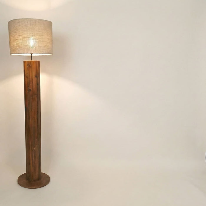 Cedar Wooden Floor Lamp With Brown Base and Beige Fabric Lampshade