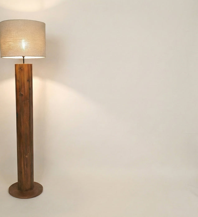 Cedar Wooden Floor Lamp With Brown Base and Beige Fabric Lampshade
