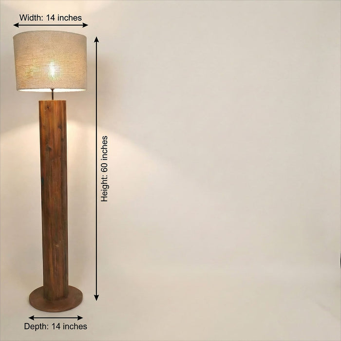 Cedar Wooden Floor Lamp With Brown Base and Beige Fabric Lampshade