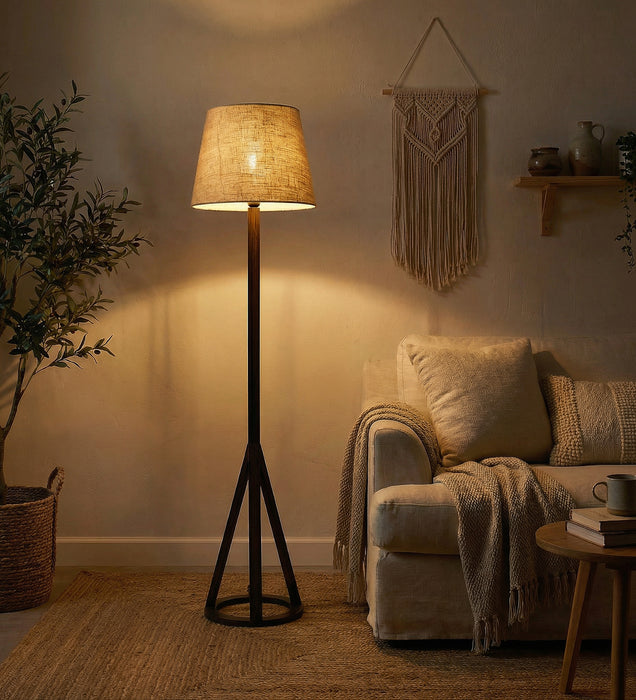 Celine Wooden Floor Lamp with Brown Base and Premium Beige Fabric Lampshade