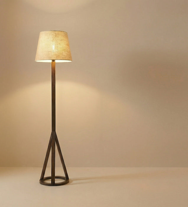Celine Wooden Floor Lamp with Brown Base and Premium Beige Fabric Lampshade
