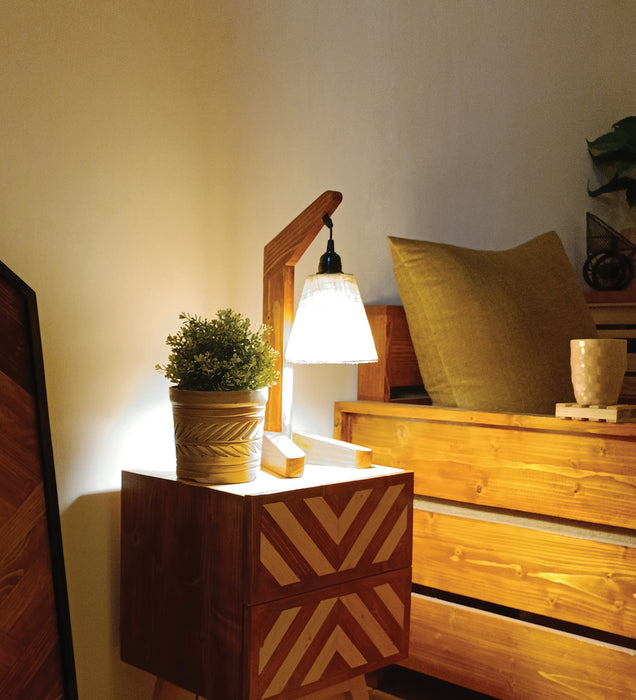 Charles Brown Wooden Table Lamp with White Jute Lampshade