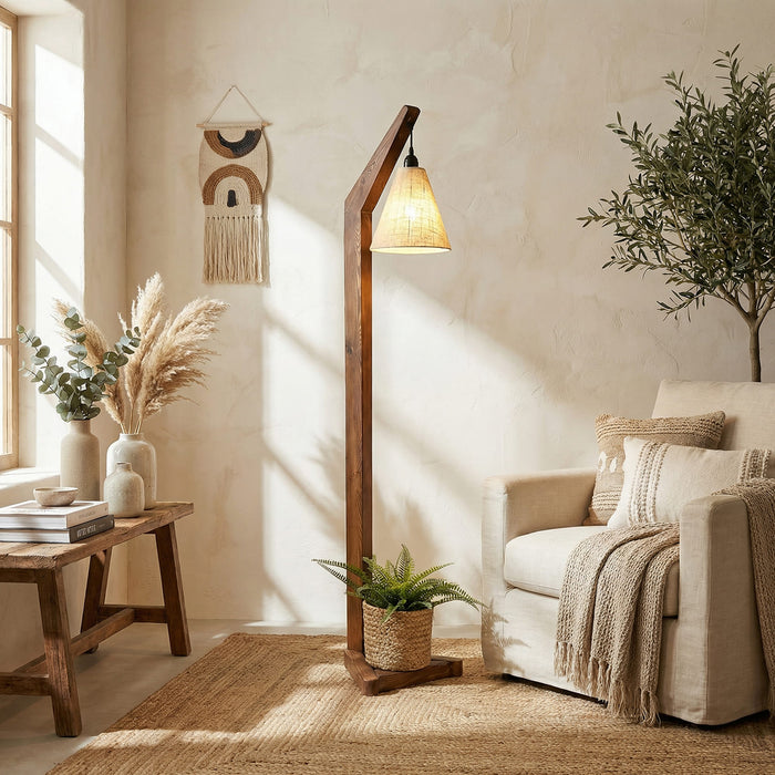 Charles Wooden Floor Lamp with Brown Base and Jute Fabric Lampshade
