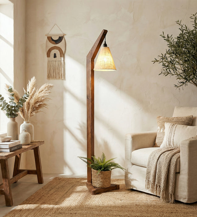 Charles Wooden Floor Lamp with Brown Base and Jute Fabric Lampshade