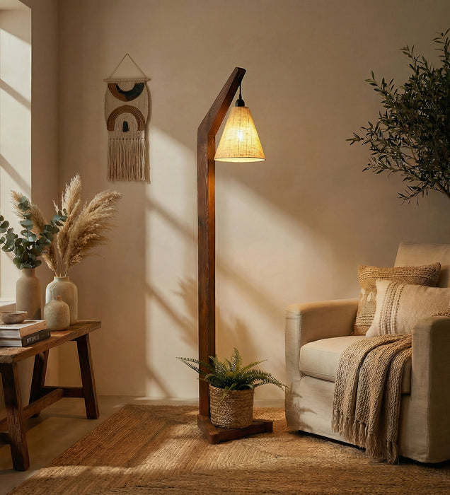 Charles Wooden Floor Lamp with Brown Base and Jute Fabric Lampshade