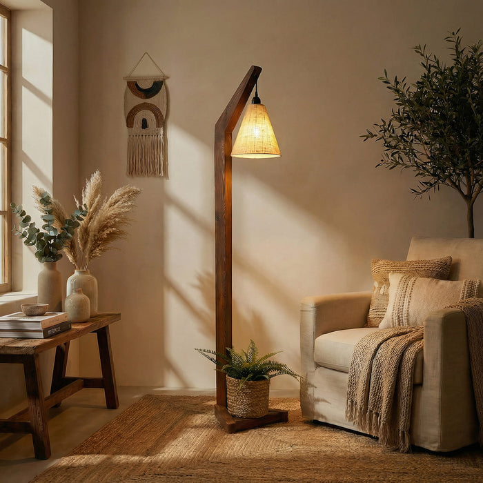 Charles Wooden Floor Lamp with Brown Base and Jute Fabric Lampshade