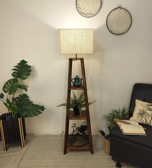 Charlotte Wooden Floor Lamp with Brown Base and Jute Fabric Lampshade