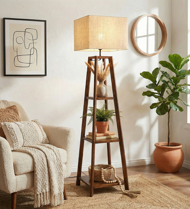 Charlotte Wooden Floor Lamp with Brown Base and Jute Fabric Lampshade